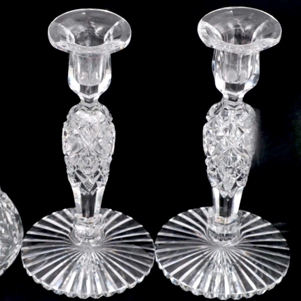 Vintage Hawkes candlesticks ca 1900’s handblown Glass Cut Etched trademark stamp